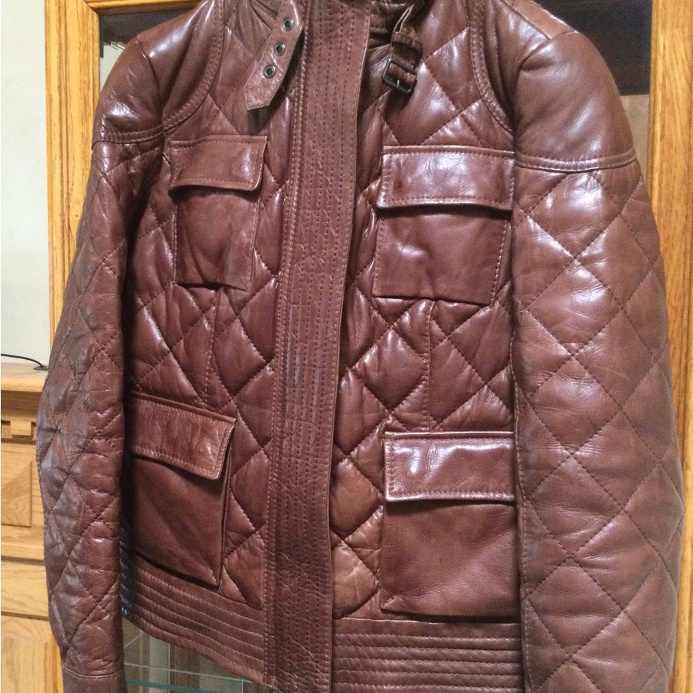 Cognac leather and goose down coat.